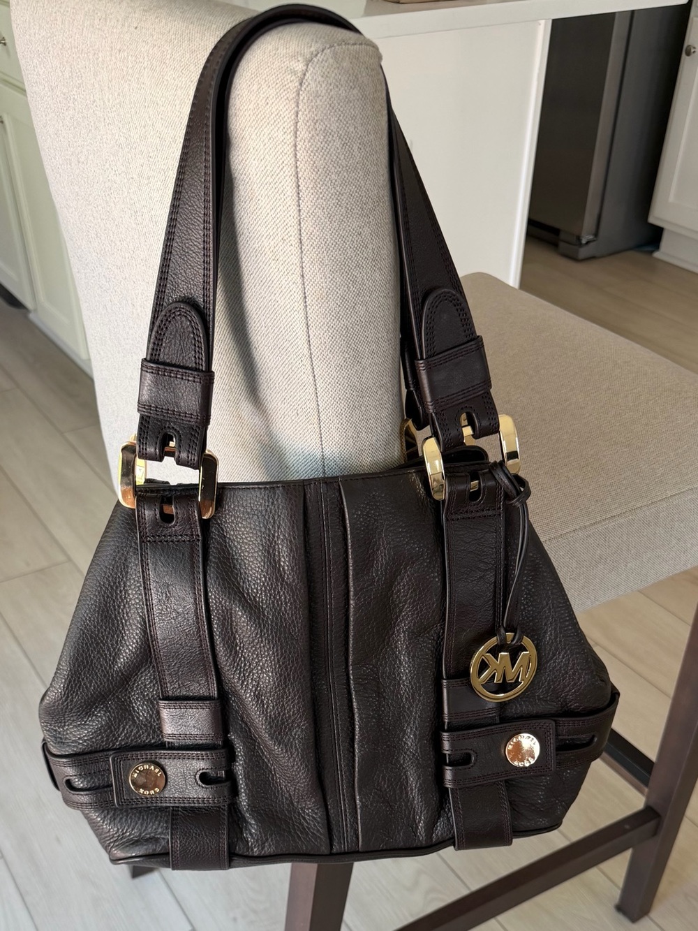 Michael Kors Chocolate Brown Pebble Leather Shoulder Bag with Gold Hardware